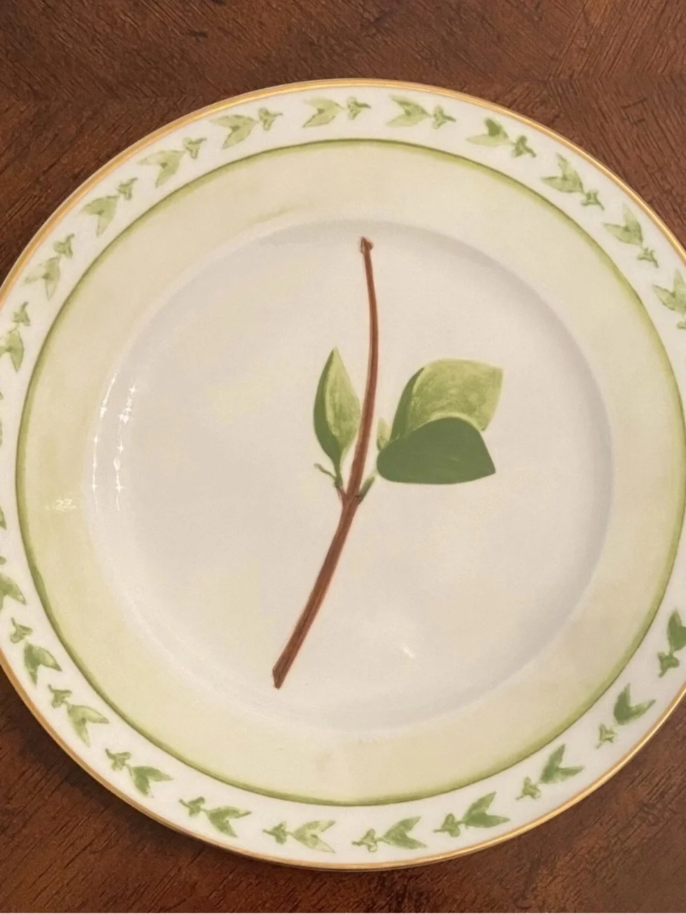 Raynaud White and Green Leaf Porcelain Dinner Plate with Gold Rim